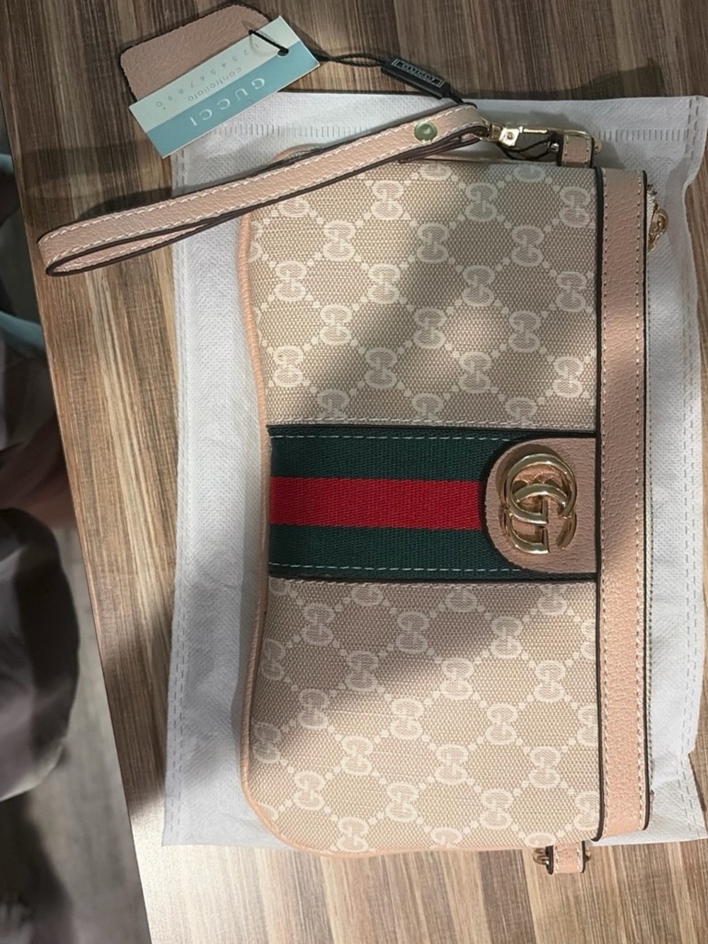 Gucci Beige Monogram Wristlet with Green and Red Web Stripe